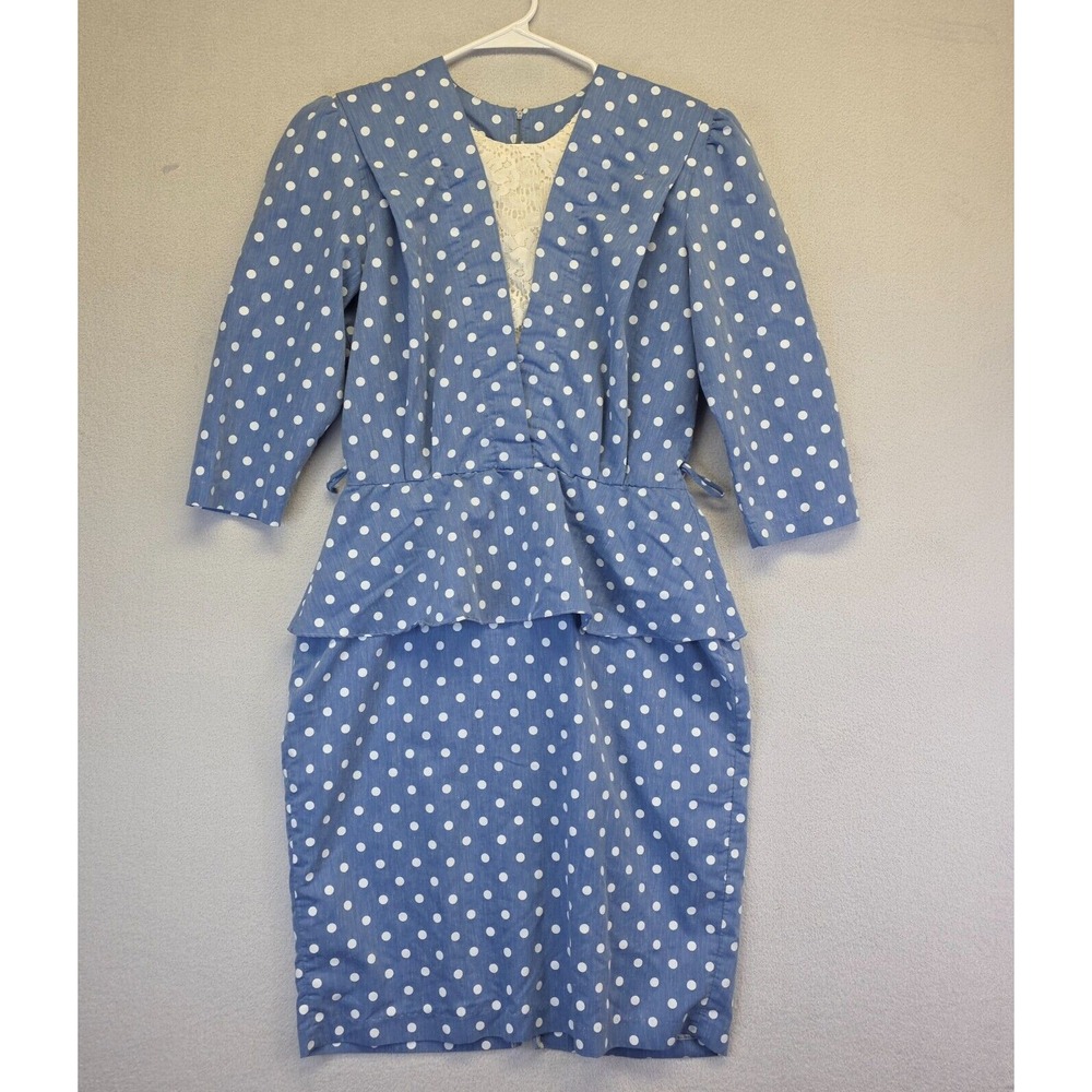 Vintage Just Ducky Dress Womens 14 Blue Puff Sleeve Secretary Retro Chic Modest